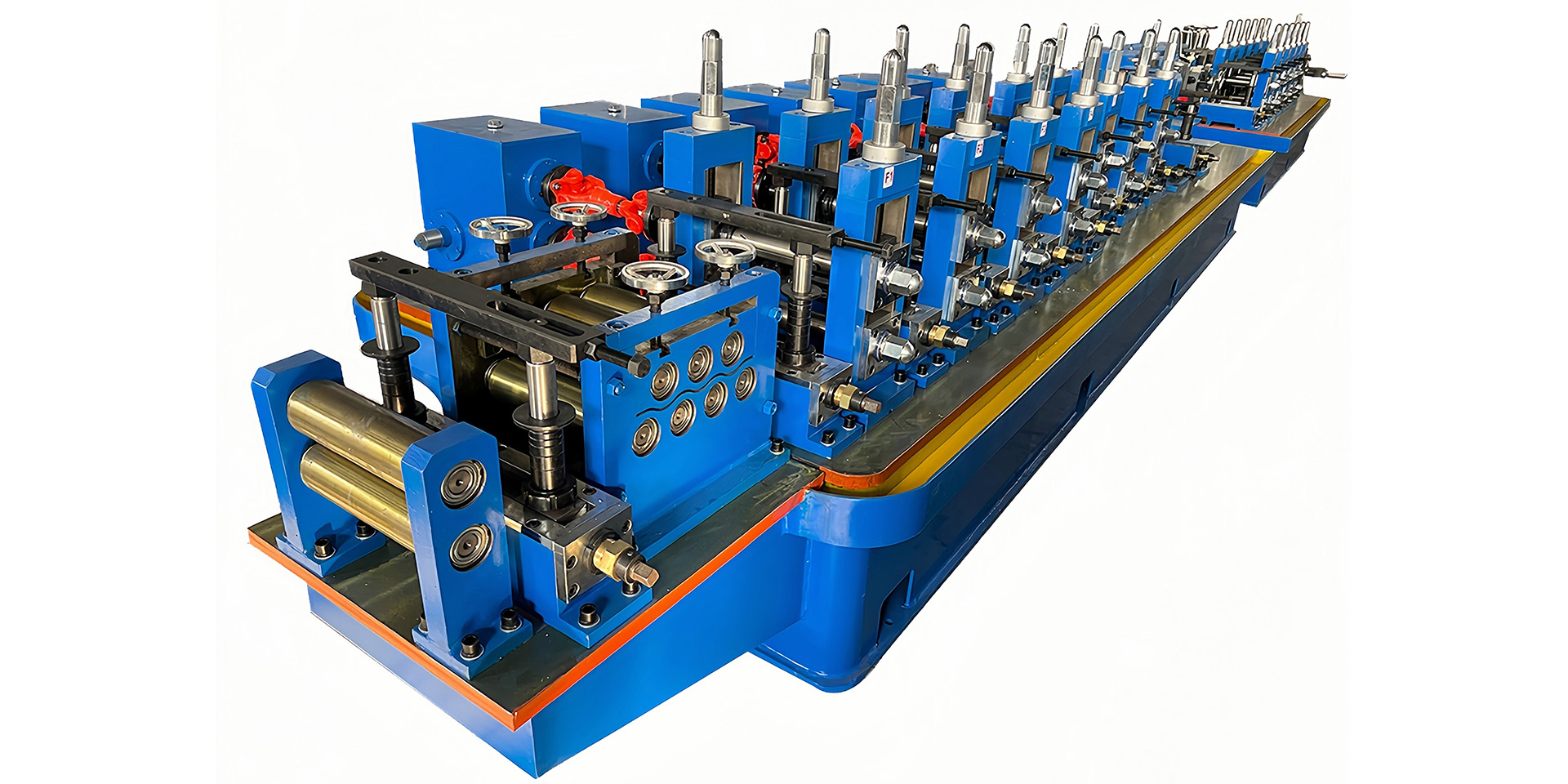 Tube-mill stand assemblies viewed from the front of the machine base